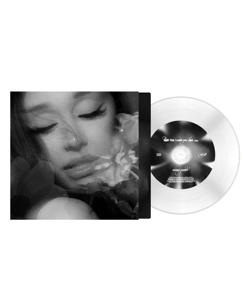 Ariana Grande hate that i made you love me dandelion white 7 inch vinyl with monochrome cover artwork and collector edition LP