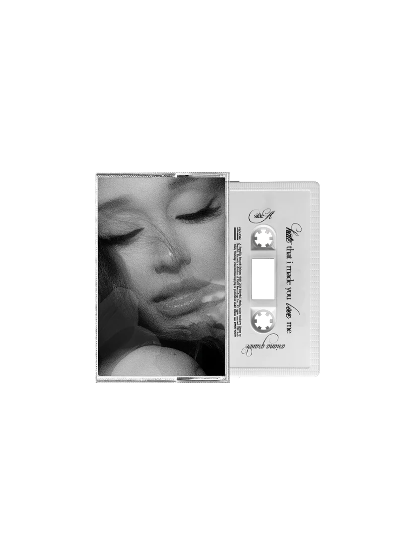 Ariana Grande hate that i made you love me dandelion white cassette with monochrome cover artwork and collectible tape design