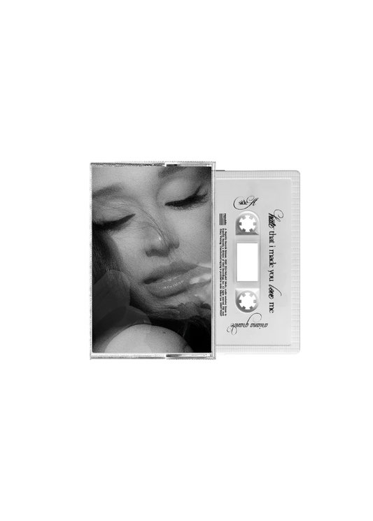 Ariana Grande hate that i made you love me dandelion white cassette with monochrome cover artwork and collectible tape design