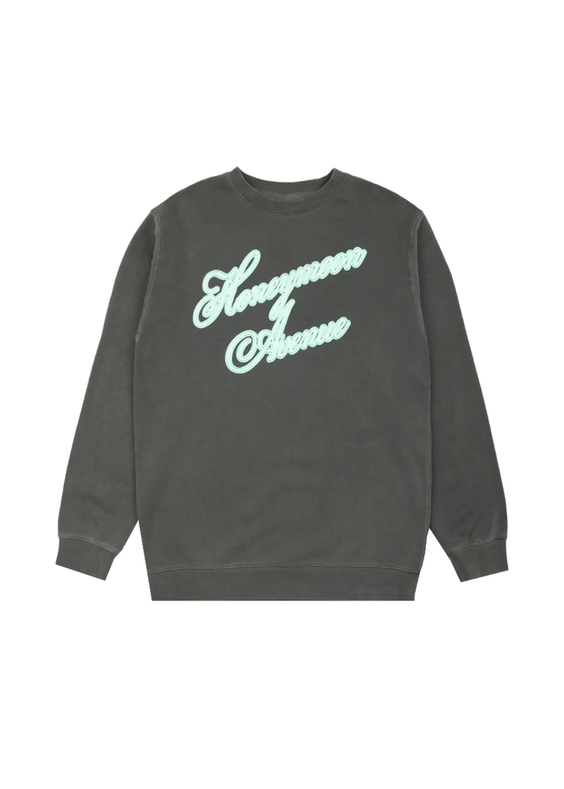 Charcoal Ariana Grande Honeymoon Avenue crewneck front view with oversized mint script graphic design