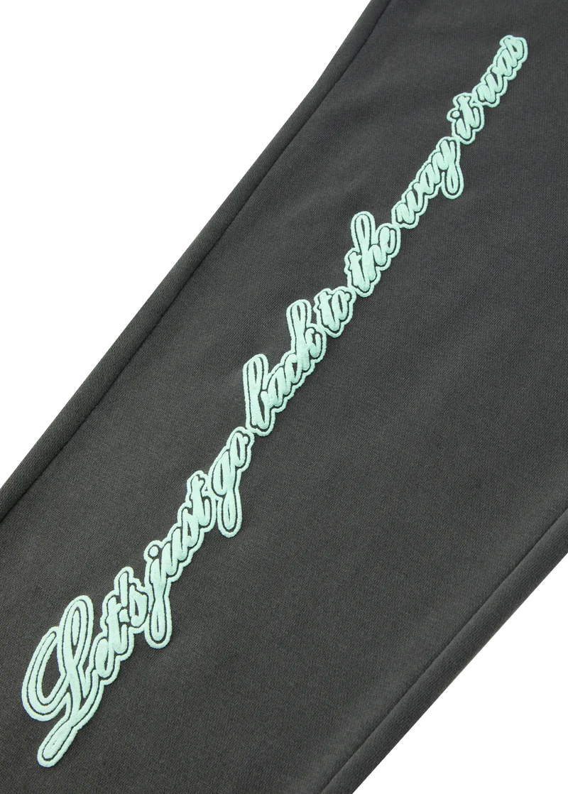 Closeup detail of Ariana Grande Honeymoon Avenue mint script print on charcoal anniversary sweatpants