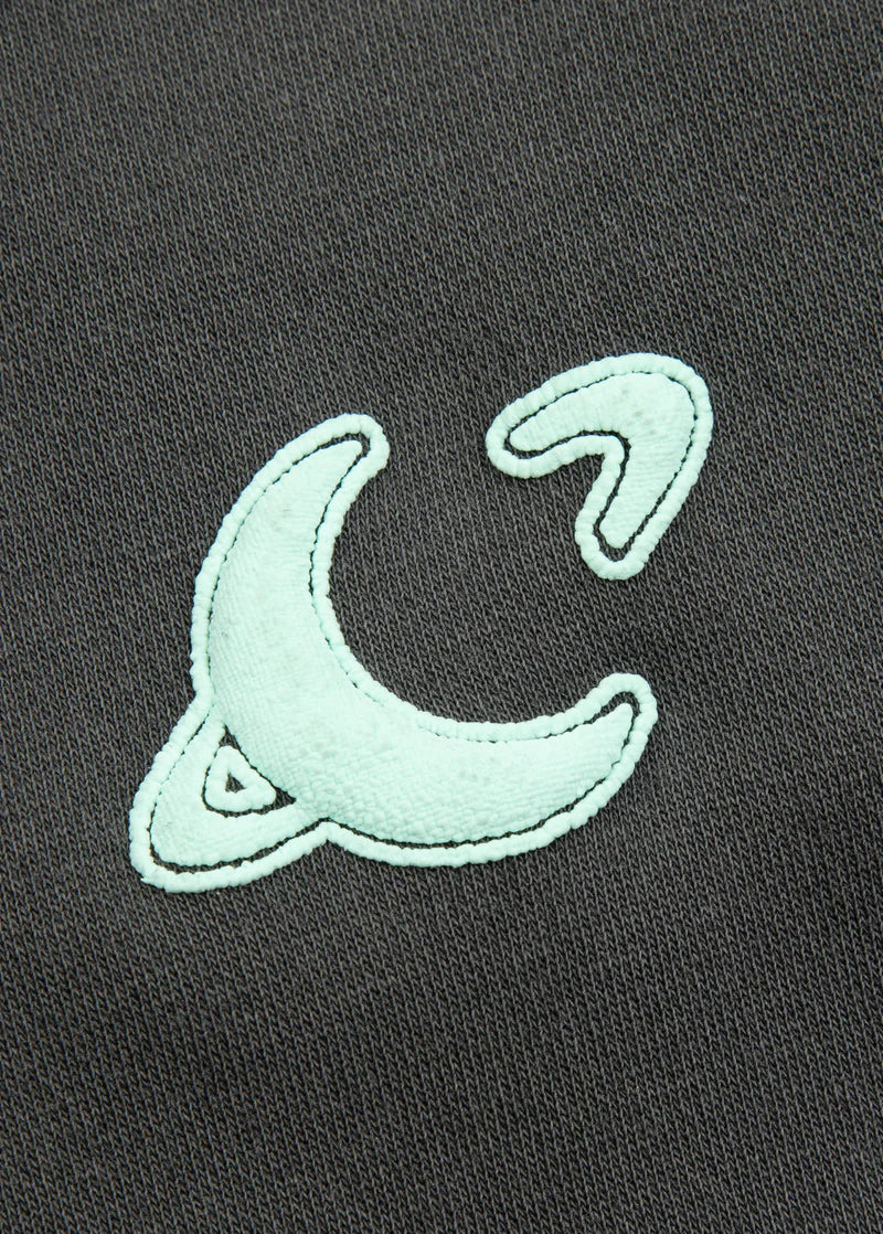 Closeup detail of Ariana Grande Yours Truly sweatpants with mint embroidered moon logo on charcoal fabric