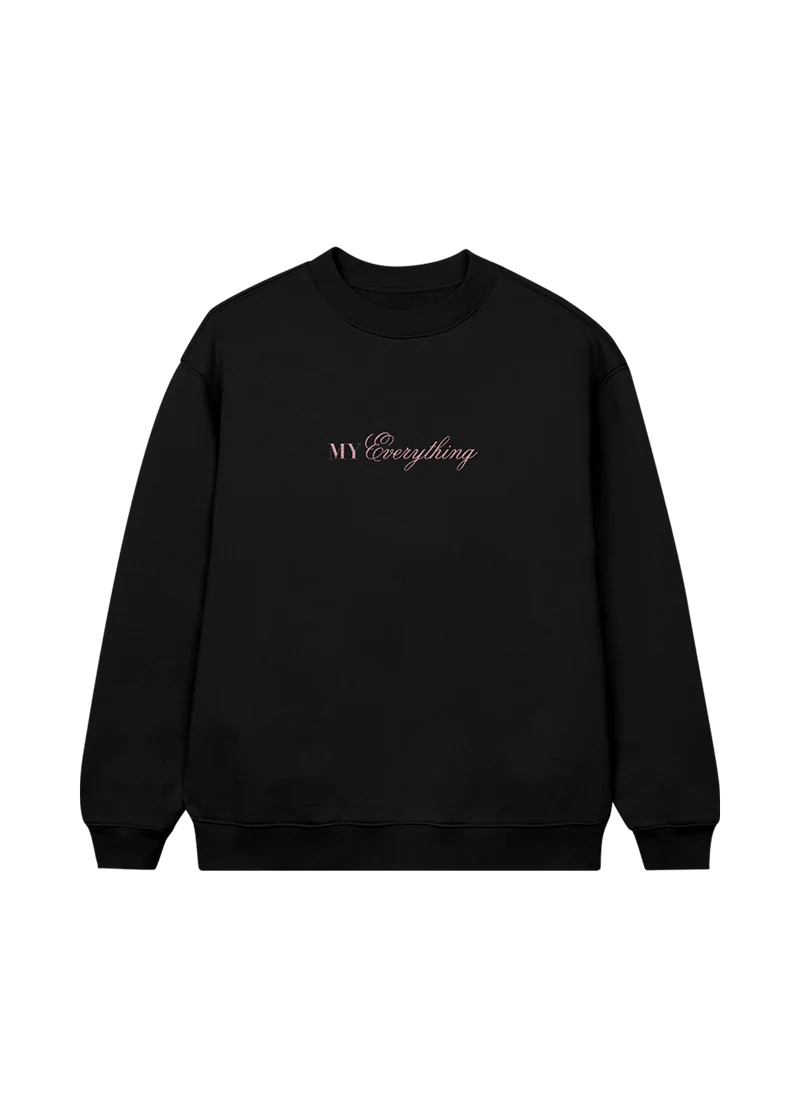 Black Ariana Grande My Everything 10th anniversary crewneck with soft pink puff print logo and minimalist design