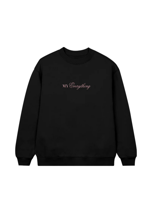 Black Ariana Grande My Everything 10th anniversary crewneck with soft pink puff print logo and minimalist design