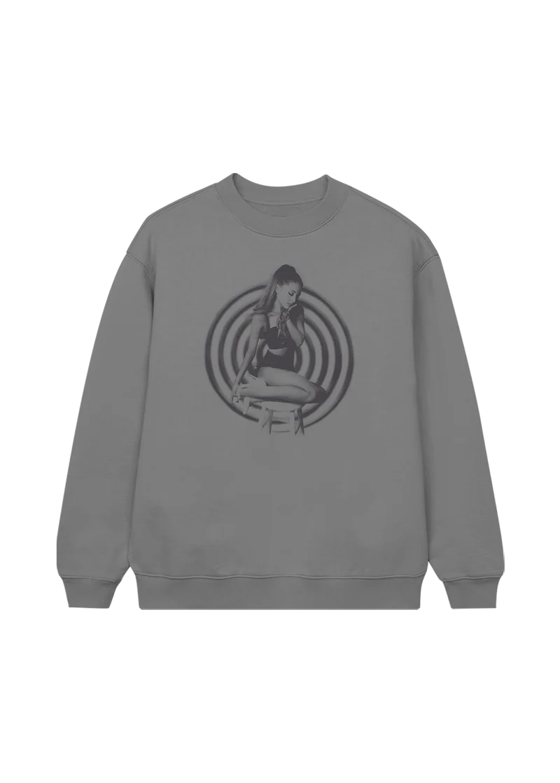 Grey Ariana Grande My Everything 10th anniversary crewneck with vintage monochrome portrait graphic front view
