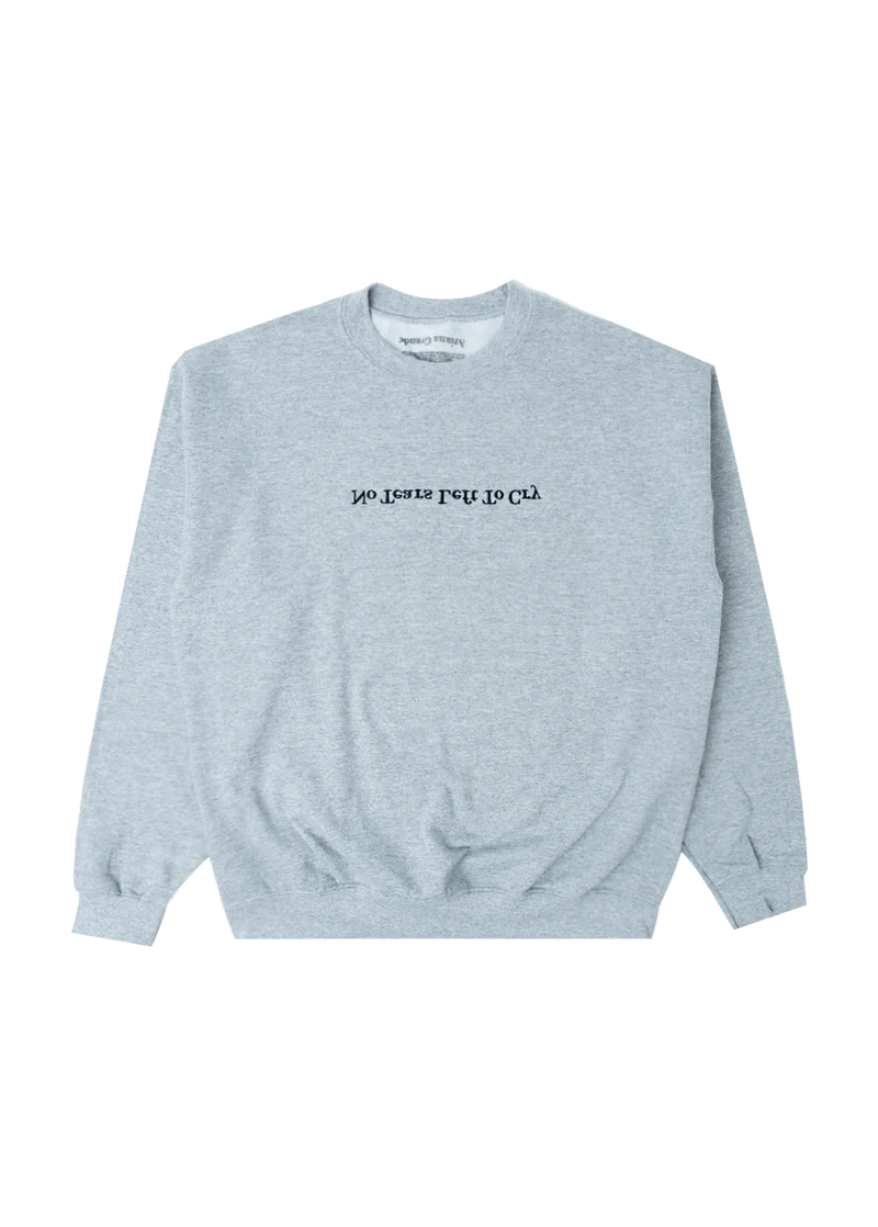 Grey Ariana Grande No Tears Left to Cry crewneck with upside-down embroidered text inspired by the Sweetener era