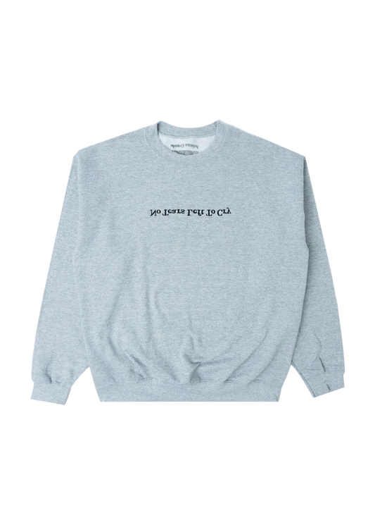 Grey Ariana Grande No Tears Left to Cry crewneck with upside-down embroidered text inspired by the Sweetener era