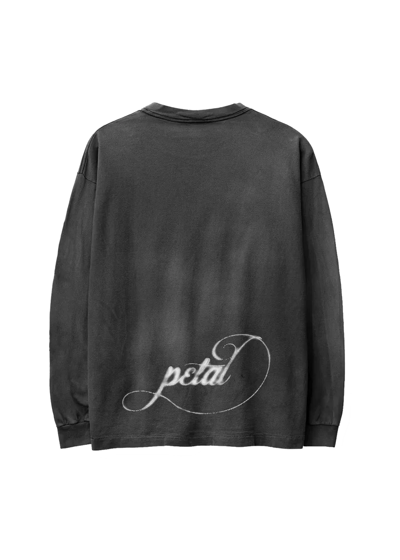 Ariana Grande Petal Blurred Flowers Long Sleeve back view in washed black with white Petal script graphic