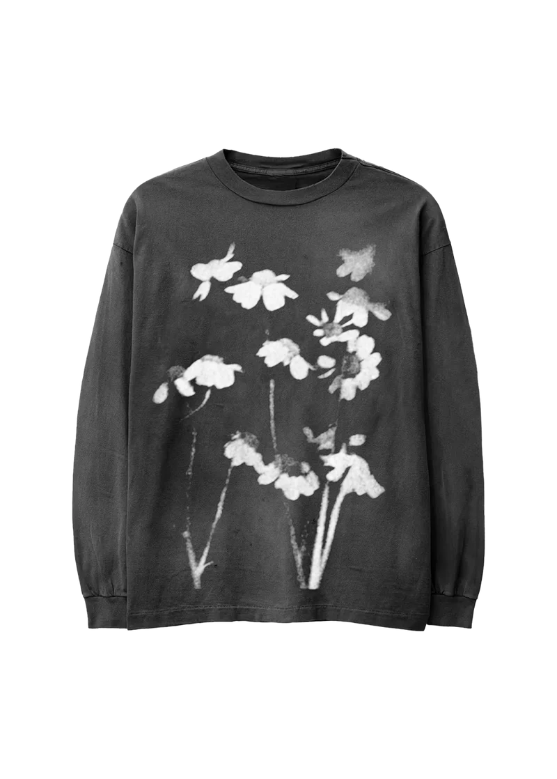 Ariana Grande Petal Blurred Flowers Long Sleeve front view in washed black with oversized blurred white floral graphic