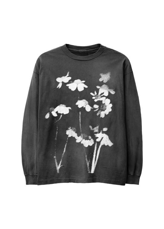 Ariana Grande Petal Blurred Flowers Long Sleeve front view in washed black with oversized blurred white floral graphic