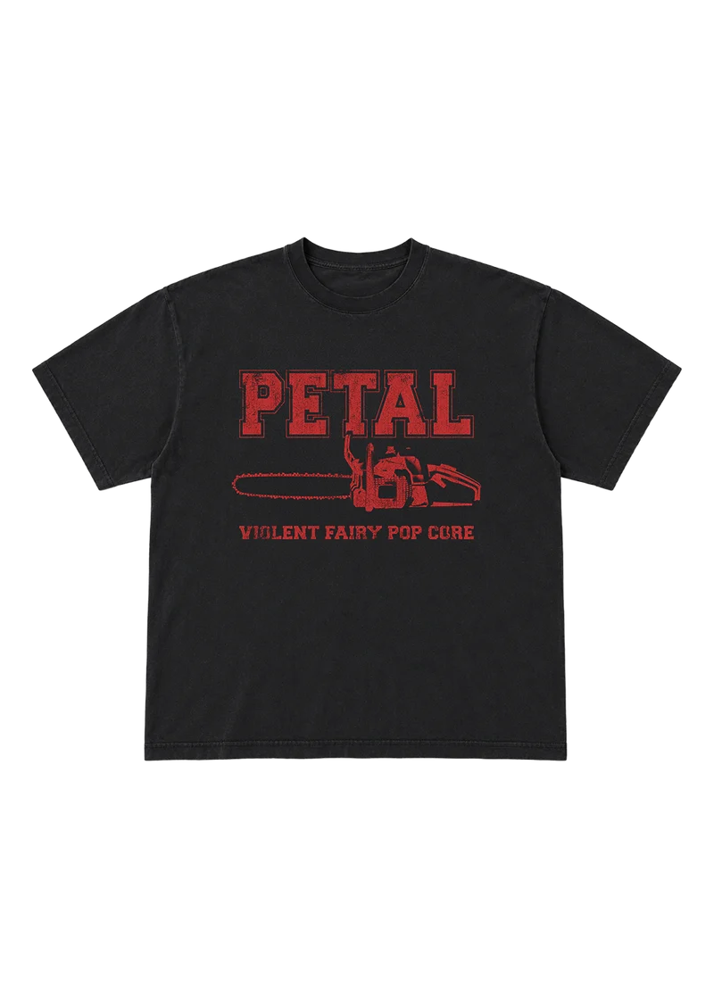 Ariana Grande Petal Chainsaw T-Shirt front view in washed black with red chainsaw graphic and Violent Fairy Pop Core text