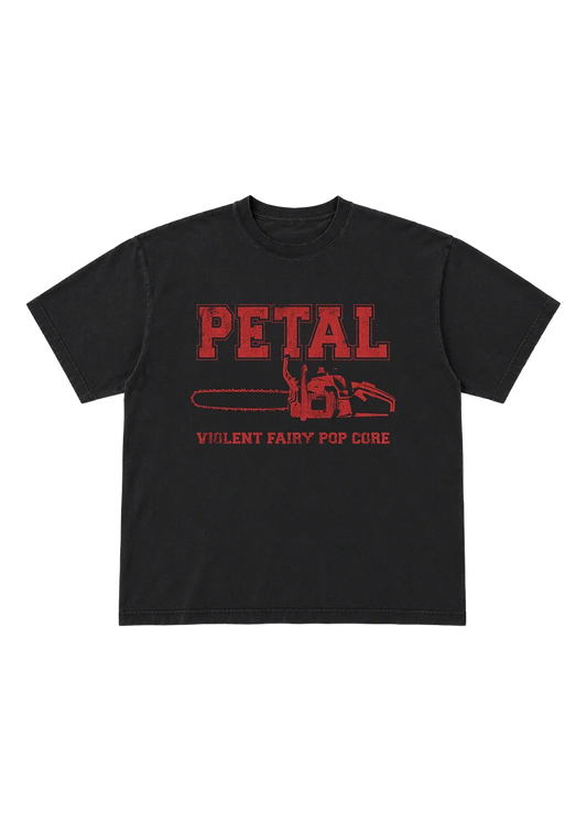 Ariana Grande Petal Chainsaw T-Shirt front view in washed black with red chainsaw graphic and Violent Fairy Pop Core text