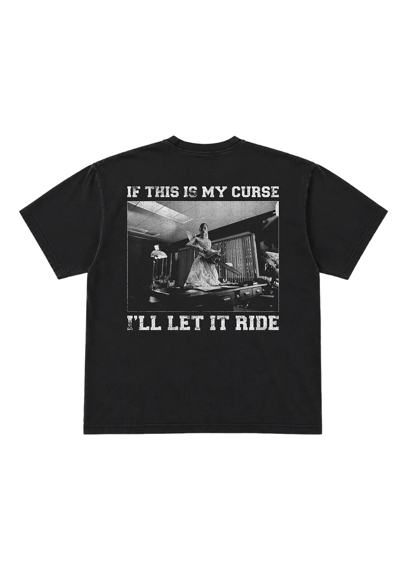 Ariana Grande Petal Core Black T-Shirt back view with If This Is My Curse I’ll Let It Ride photo graphic