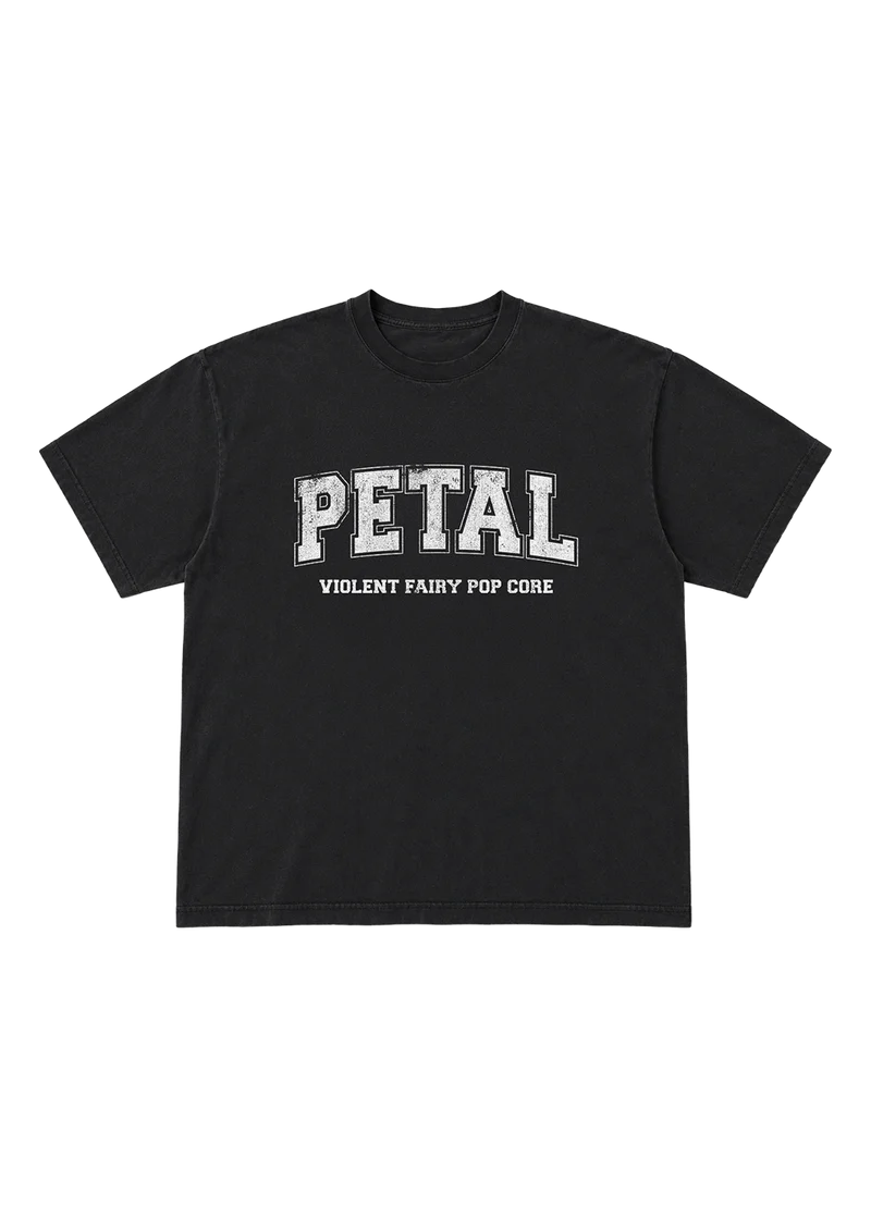Ariana Grande Petal Core Black T-Shirt front view with white Petal Violent Fairy Pop Core graphic