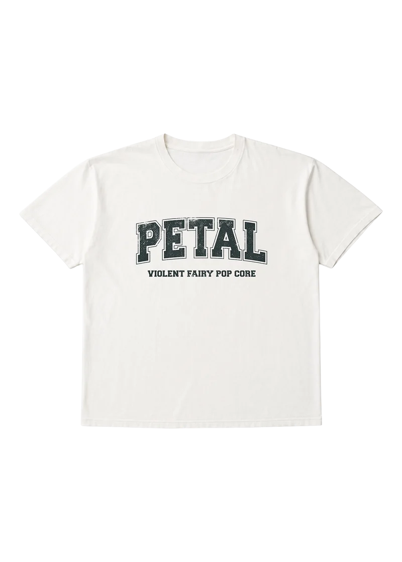 Ariana Grande Petal Core White T-Shirt front view with black Petal Violent Fairy Pop Core logo graphic