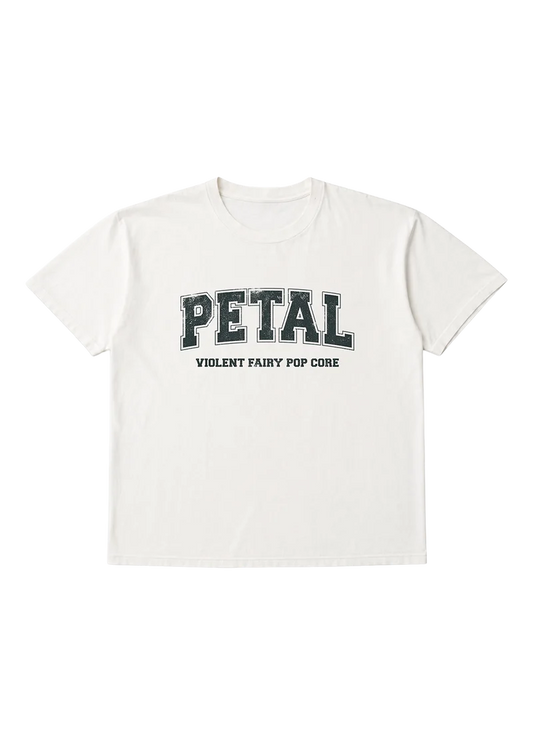 Ariana Grande Petal Core White T-Shirt front view with black Petal Violent Fairy Pop Core logo graphic