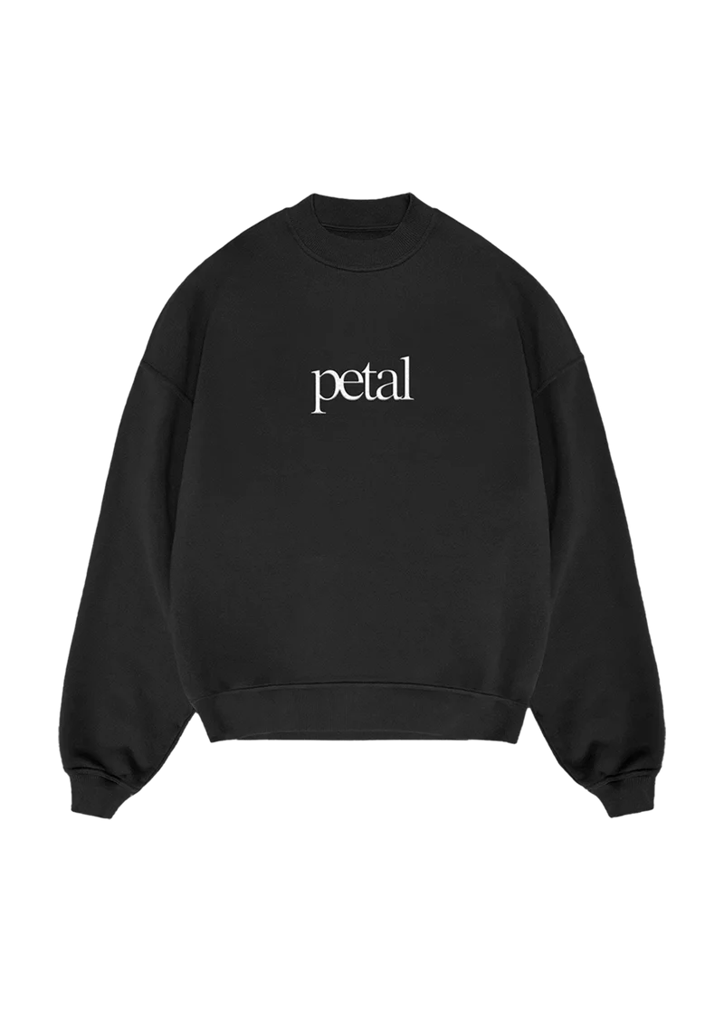 Ariana Grande Petal black crewneck sweatshirt with minimalist white logo graphic and oversized fit front