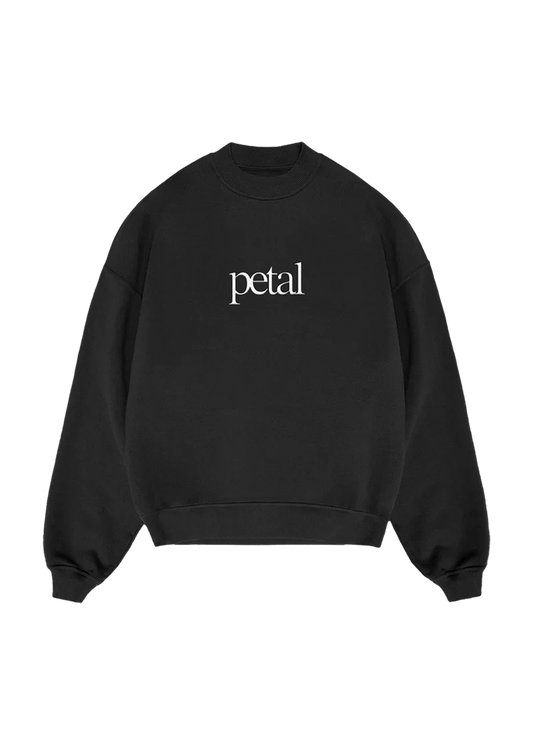 Ariana Grande Petal black crewneck sweatshirt with minimalist white logo graphic and oversized fit front