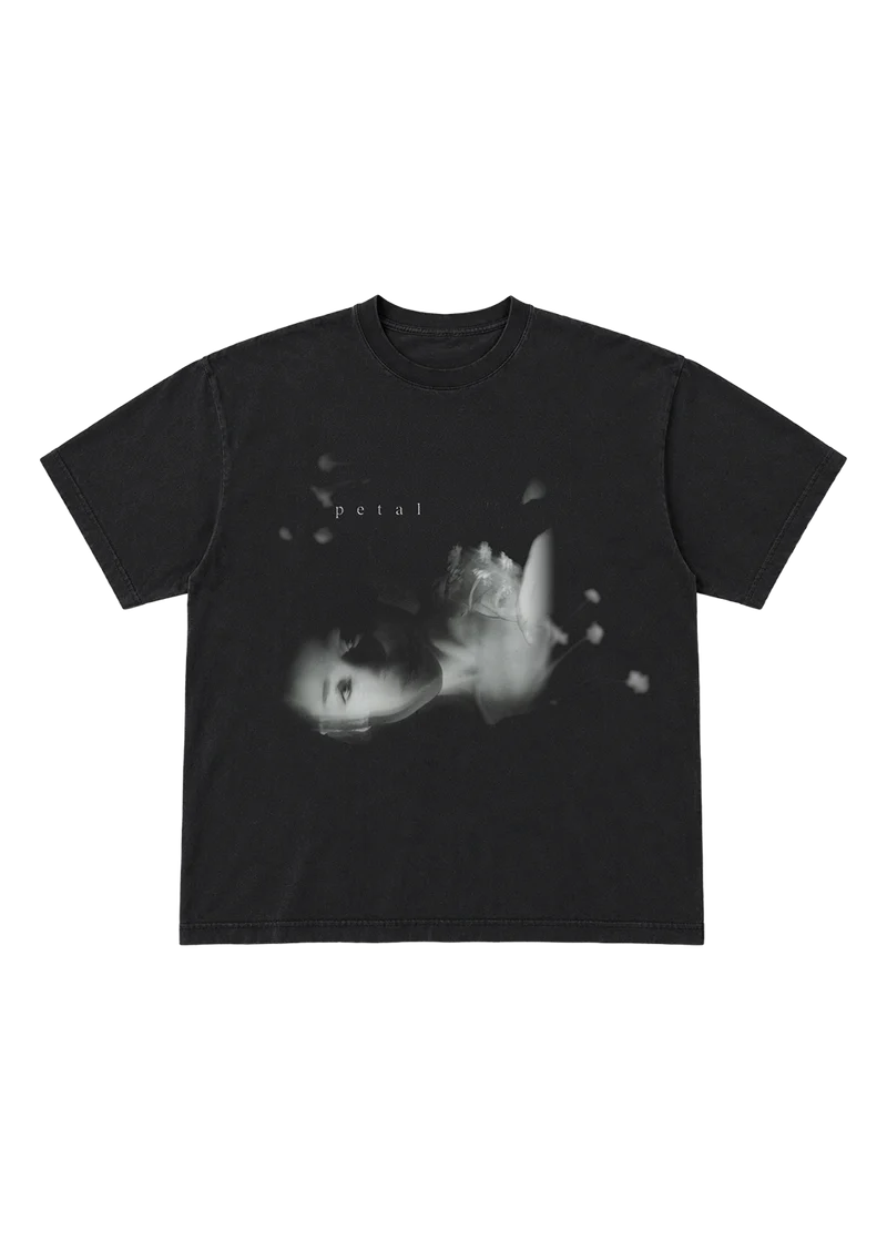 Ariana Grande Petal Ghostly T-Shirt front view in washed black with blurred monochrome portrait and Petal text graphic