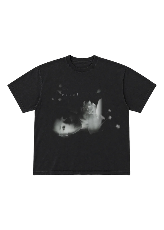 Ariana Grande Petal Ghostly T-Shirt front view in washed black with blurred monochrome portrait and Petal text graphic