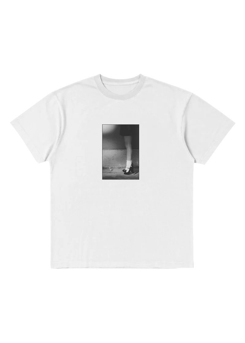 Ariana Grande Petal In the Pavement White T-Shirt front view with black and white vertical pavement photo graphic