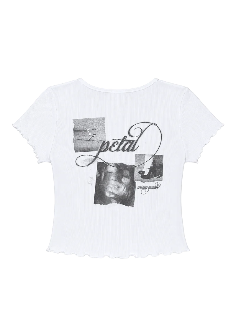 Ariana Grande Petal Ripped Photo Baby Tee back view with Petal script, ripped photo collage graphics, and Ariana Grande text