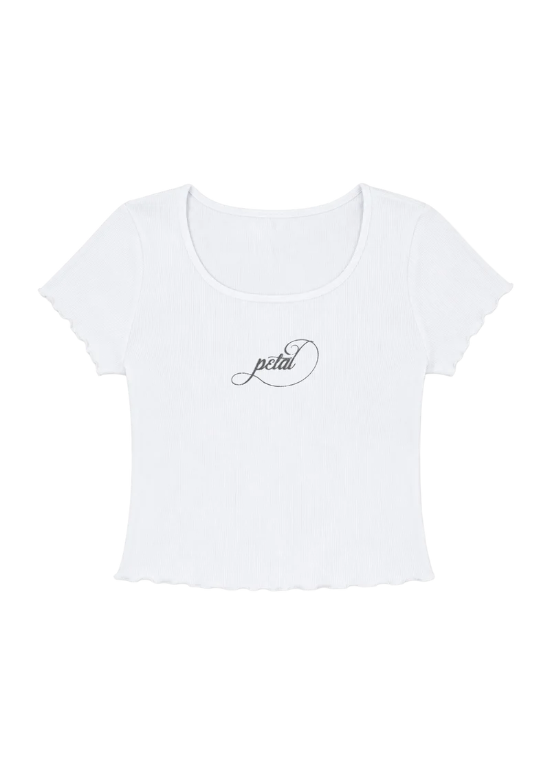 Ariana Grande Petal Ripped Photo Baby Tee front view in white ribbed fabric with Petal script logo