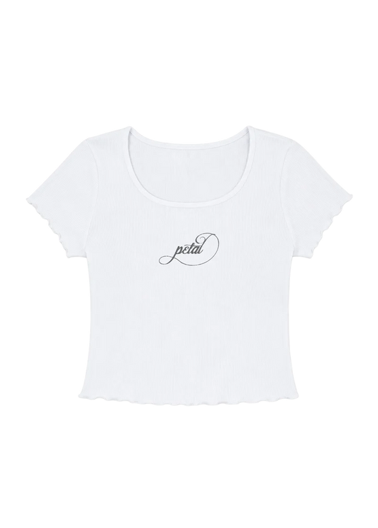 Ariana Grande Petal Ripped Photo Baby Tee front view in white ribbed fabric with Petal script logo