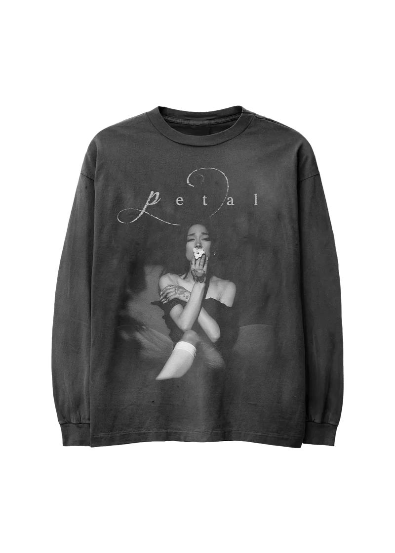 Ariana Grande Petal Script Long Sleeve front view in washed black with grayscale seated portrait, flower detail, and Petal script graphic