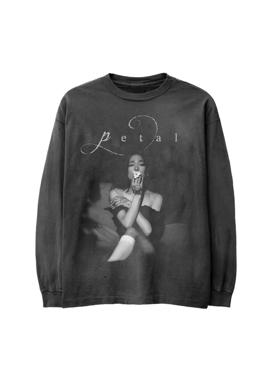 Ariana Grande Petal Script Long Sleeve front view in washed black with grayscale seated portrait, flower detail, and Petal script graphic