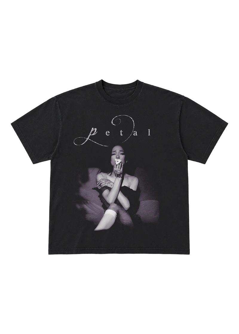 Ariana Grande Petal Script T-Shirt front view in washed black with seated portrait, flower detail, and Petal script graphic