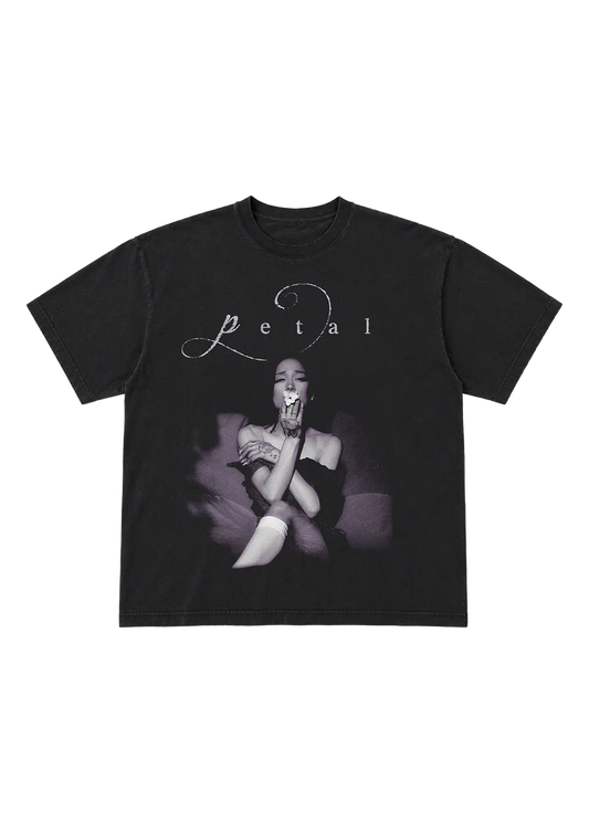 Ariana Grande Petal Script T-Shirt front view in washed black with seated portrait, flower detail, and Petal script graphic