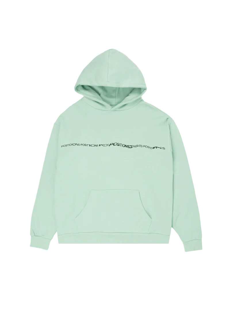 Mint green Ariana Grande Positions hoodie front view with minimalist repeating logo chest graphic