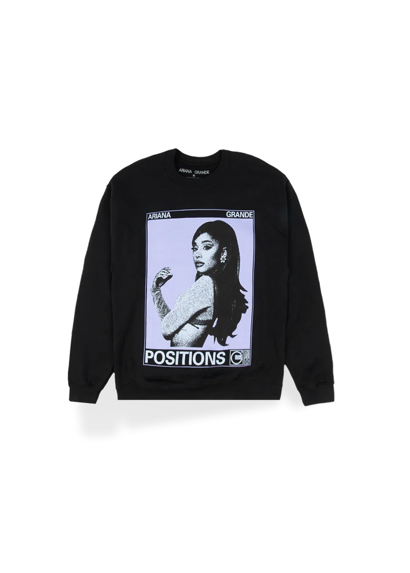 Black Ariana Grande Positions photo crewneck featuring monochrome portrait graphic and retro album-inspired streetwear design