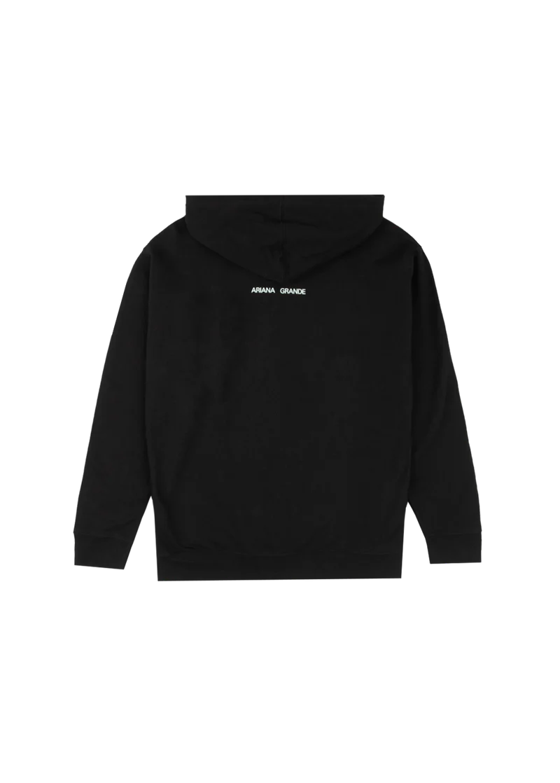 Back view of Ariana Grande Positions hoodie with minimalist Ariana Grande logo graphic on black fabric