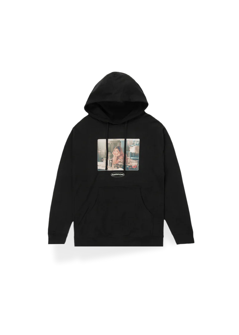 Black Ariana Grande Positions photo hoodie front view with dreamy kitchen portrait graphic and album logo