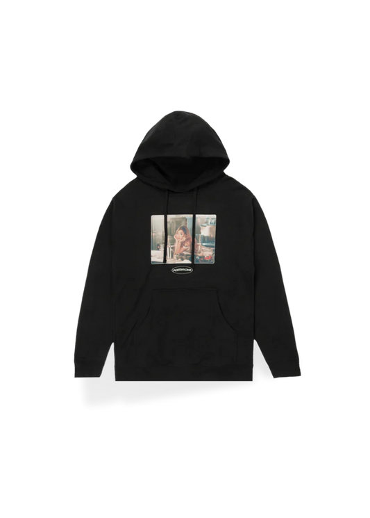 Black Ariana Grande Positions photo hoodie front view with dreamy kitchen portrait graphic and album logo