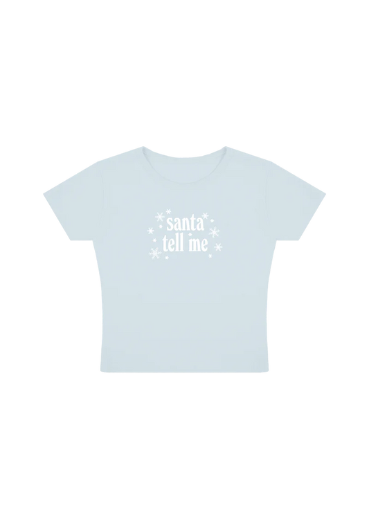 Ariana Grande Santa Tell Me light blue baby t-shirt with white snowflake holiday graphic front view