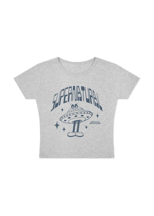 Ariana Grande supernatural grey baby t-shirt featuring retro UFO graphic and cosmic inspired artwork front view