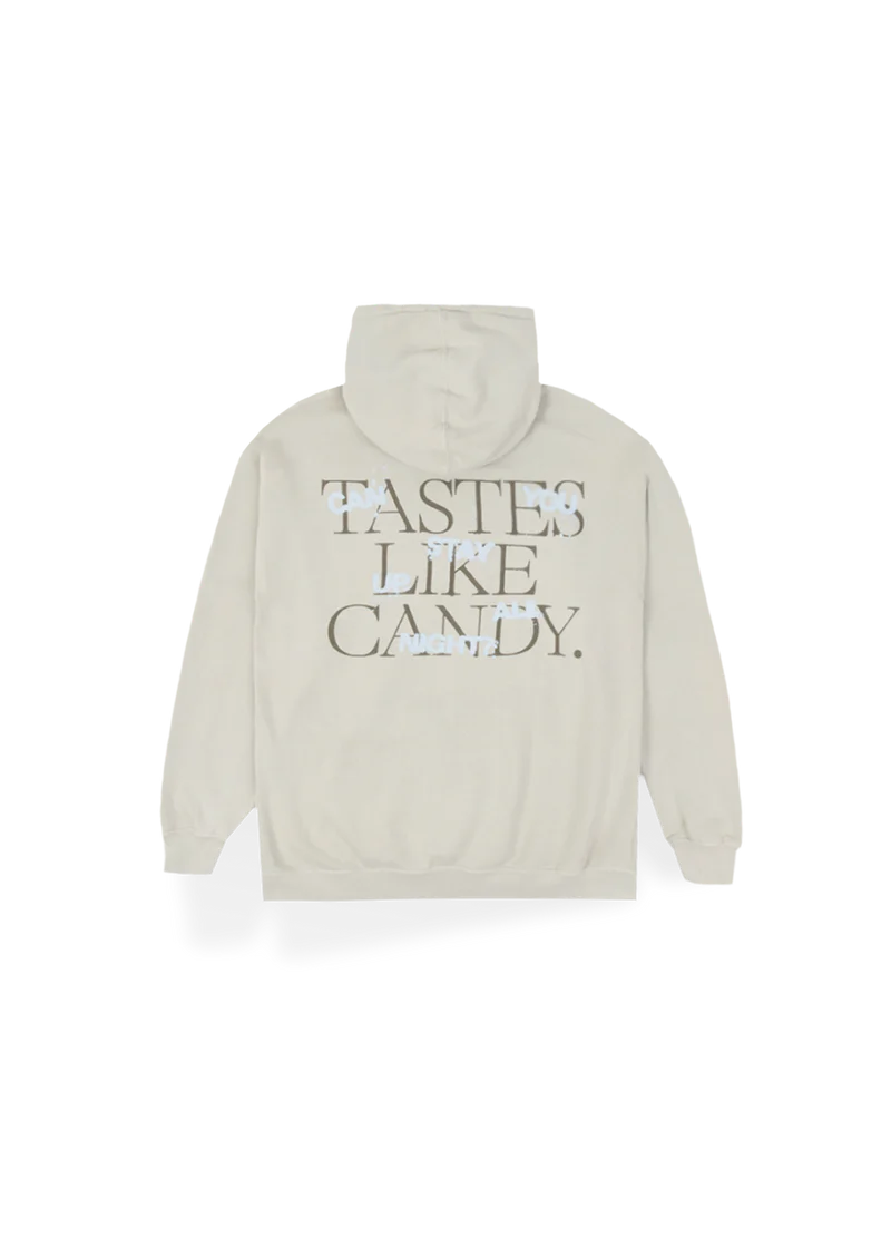 Cream Ariana Grande Tastes Like Candy hoodie back view with oversized reflective text graphic design