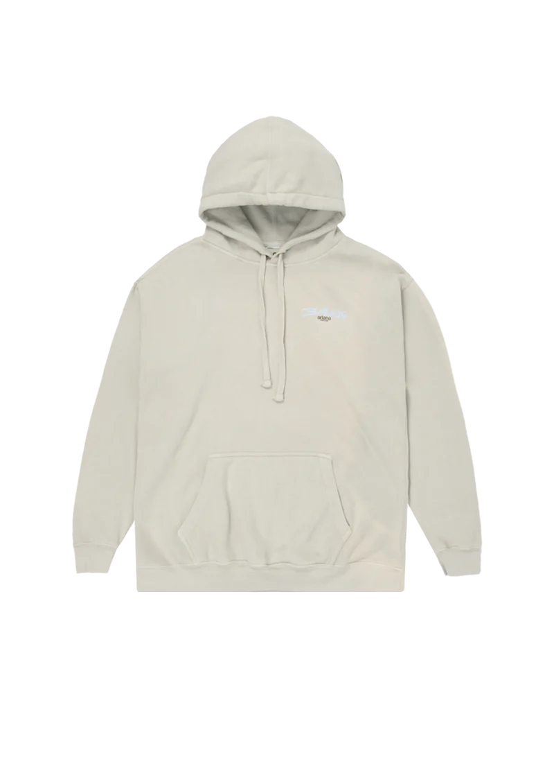 Cream Ariana Grande hoodie front view with minimalist 34+35 positions era chest logo graphic