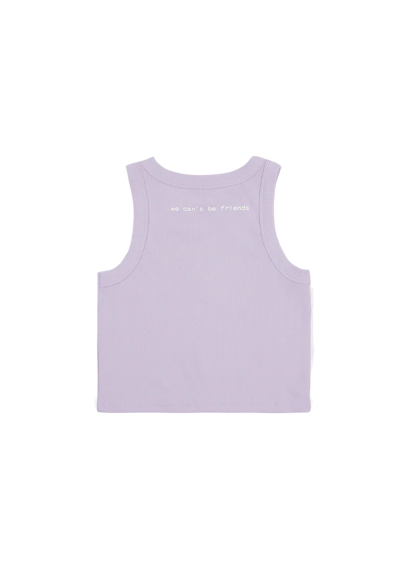 Ariana Grande lavender ribbed tank top with we can't be friends text graphic back view