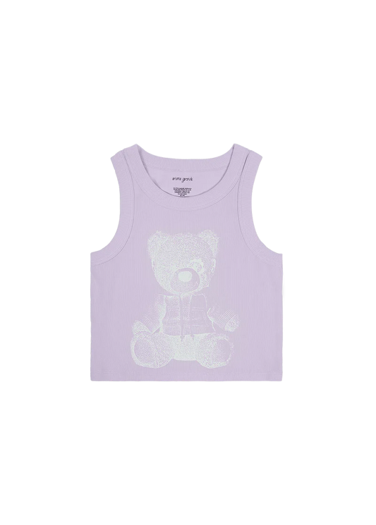 Ariana Grande lavender ribbed tank top with reflective teddy bear graphic and fitted cropped style front