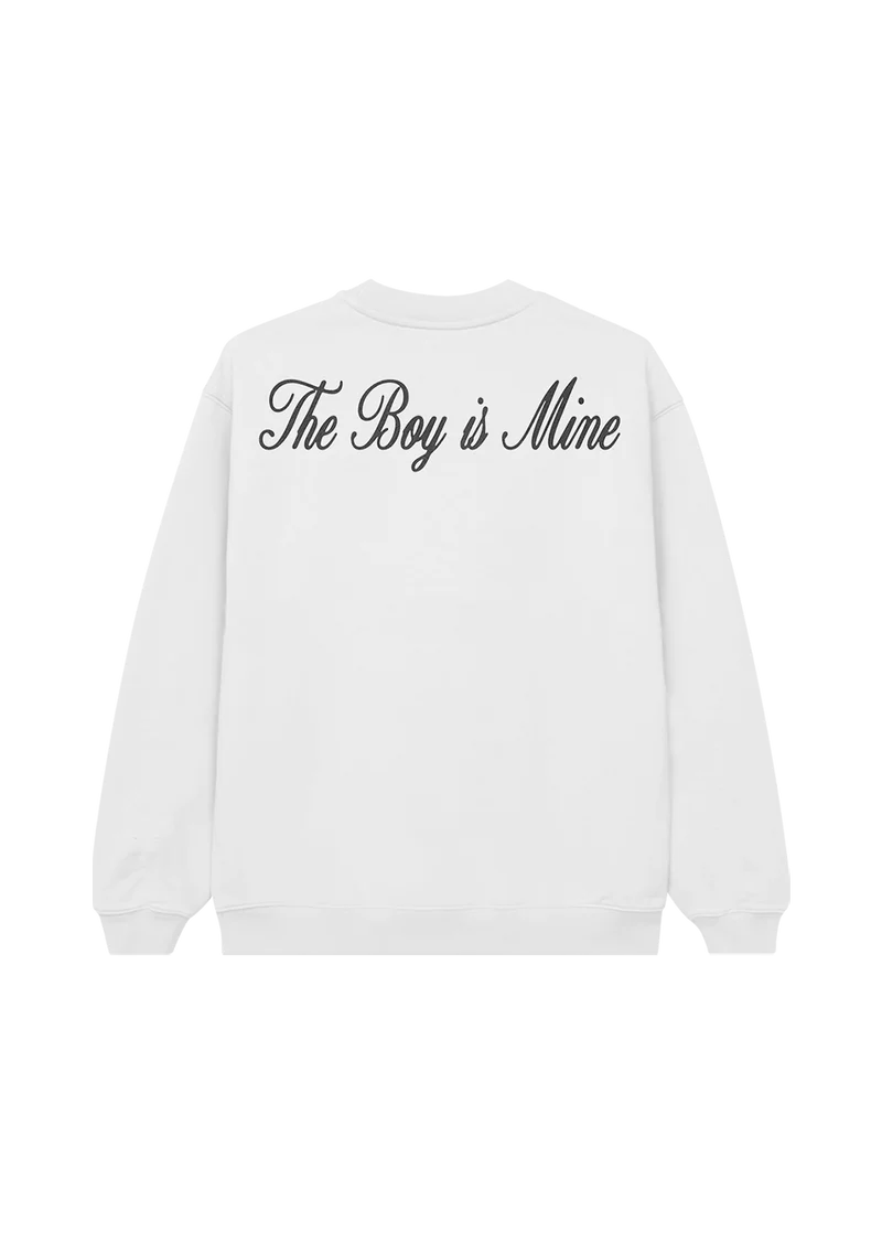 Back view of Ariana Grande The Boy Is Mine white crewneck featuring elegant oversized script typography graphic