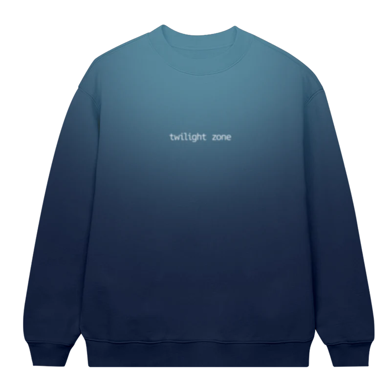 Blue gradient Ariana Grande Twilight Zone blur crewneck with soft glowing text graphic and oversized cozy sweatshirt fit