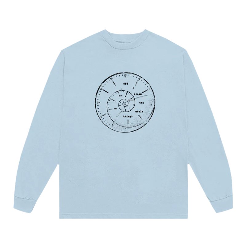Light blue Ariana Grande Twilight Zone long sleeve shirt with minimalist clock graphic and dreamy retro design