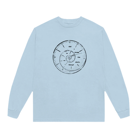 Light blue Ariana Grande Twilight Zone long sleeve shirt with minimalist clock graphic and dreamy retro design