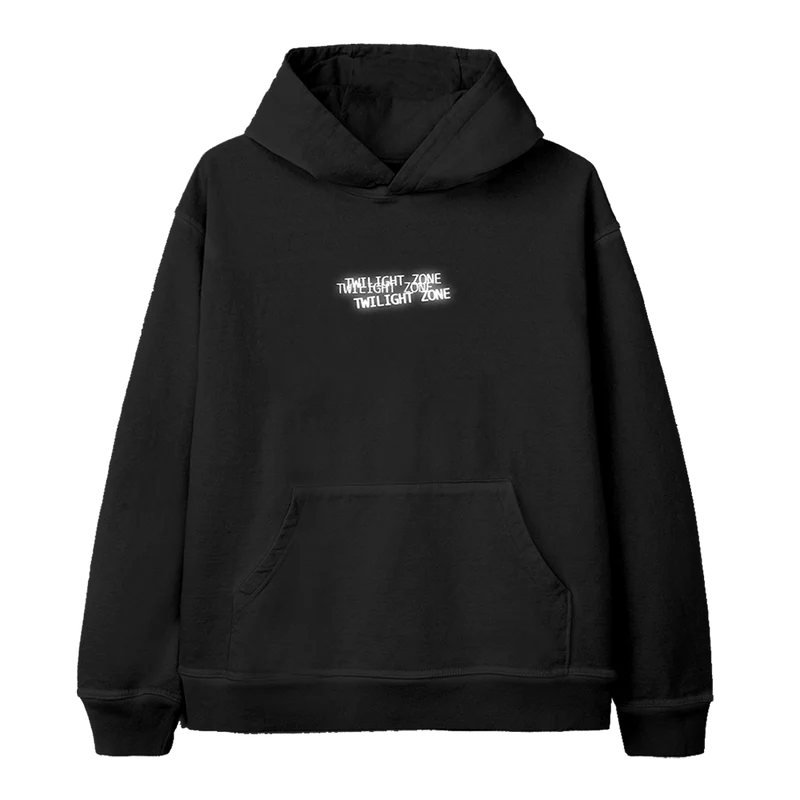 Black Ariana Grande Twilight Zone constellation hoodie front view with glowing minimalist chest graphic