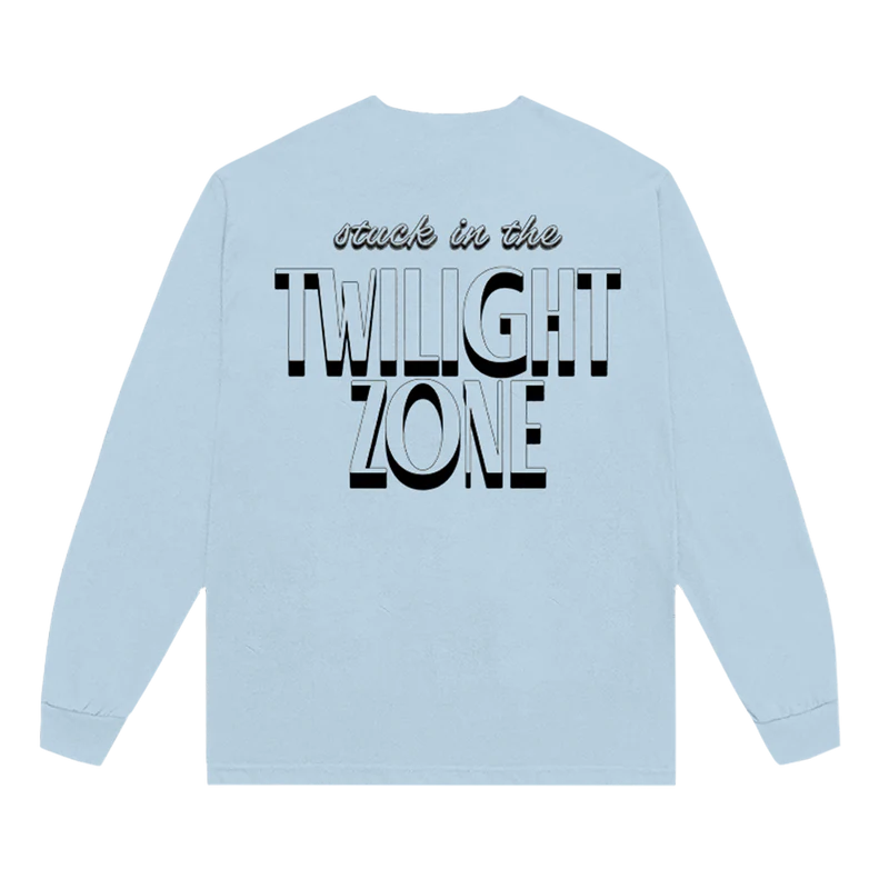 Back view of Ariana Grande Twilight Zone long sleeve featuring oversized retro typography graphic in black and white