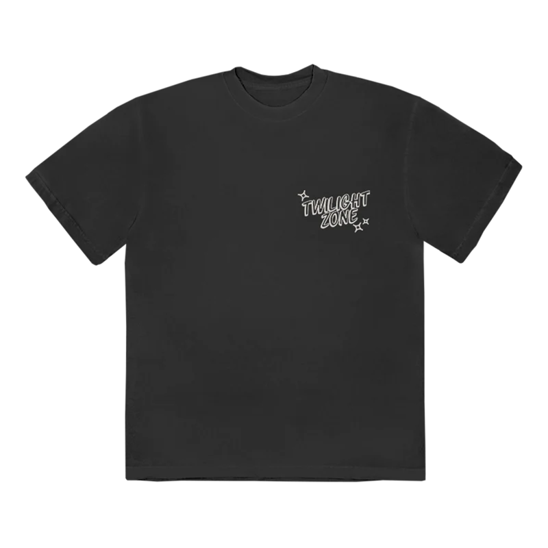 Black Ariana Grande Twilight Zone T-shirt with small retro logo graphic and oversized vintage streetwear fit